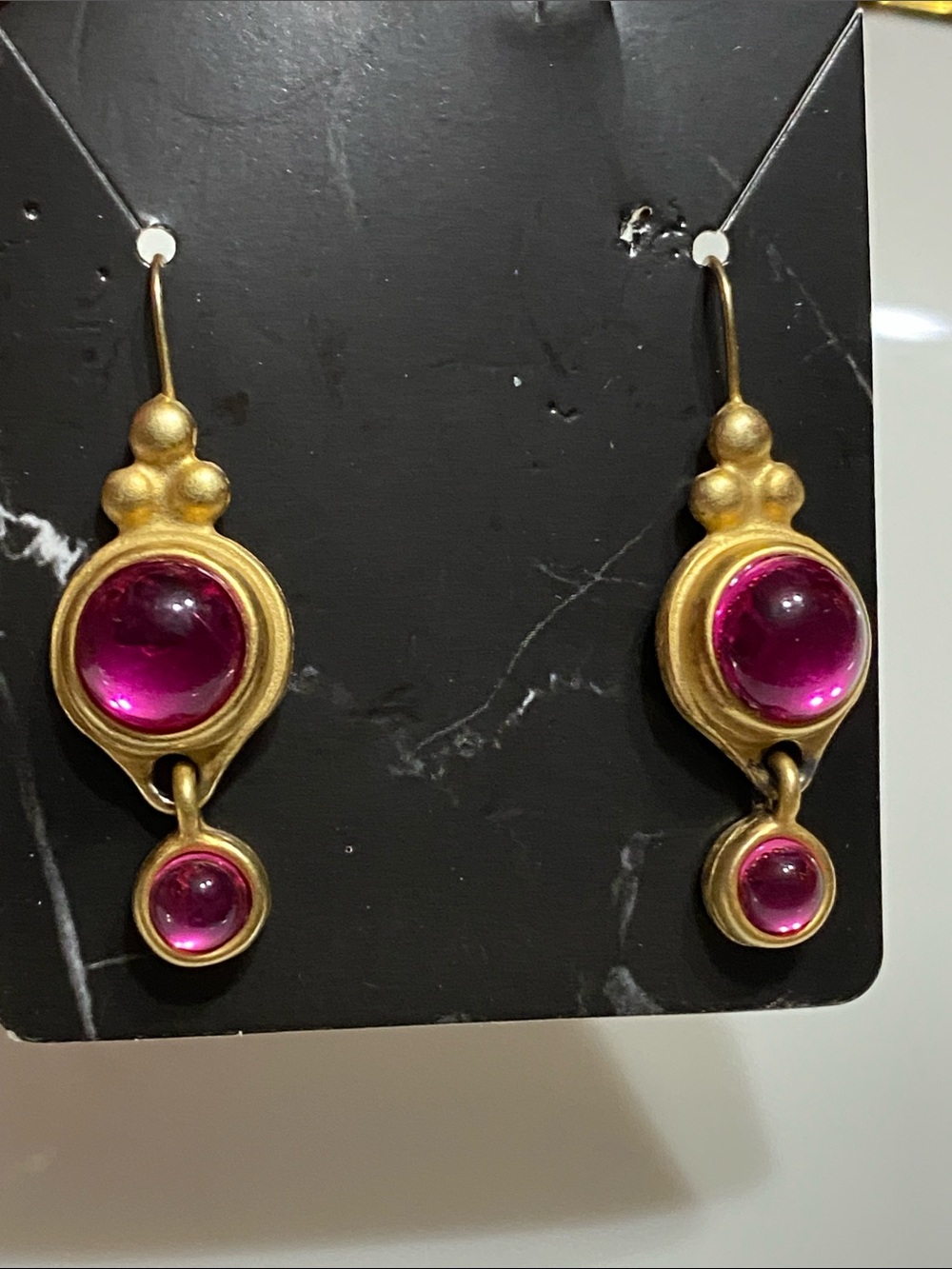 Matte Gold Drop Earrings with Deep Pink Cabochon Stones